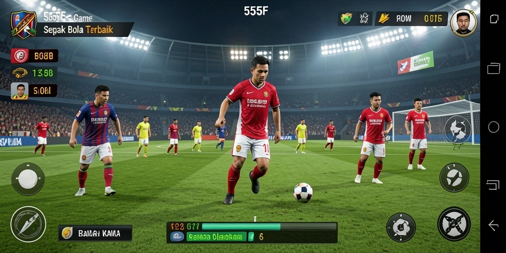 Tampilan gameplay mendebarkan dari 555F yang menampilkan aksi sepak bola.