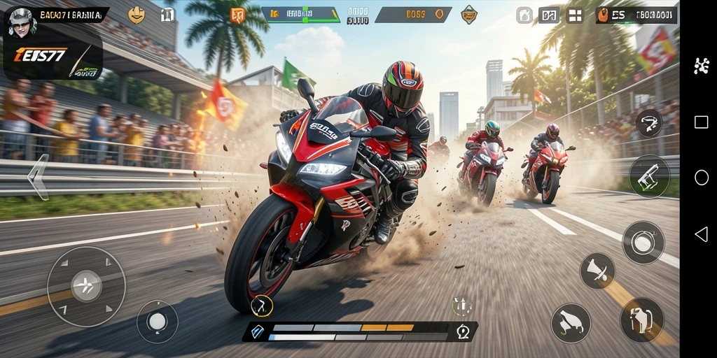 Tampilan gameplay dari EOS77 dengan aksi balapan motor yang mendebarkan.