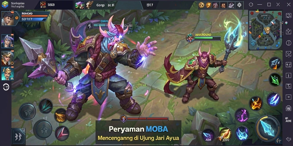 Screenshot utama SD107 menampilkan aksi seru di arena pertempuran MOBA.